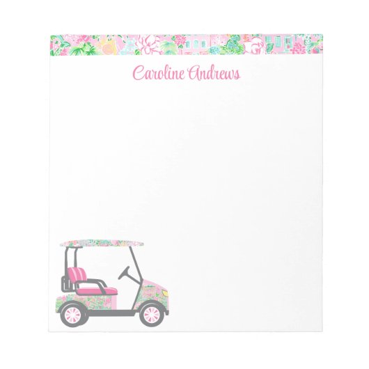 Pink & Green Palm Beach Golf Cart Personalisiert Notizblock (Vorderseite)