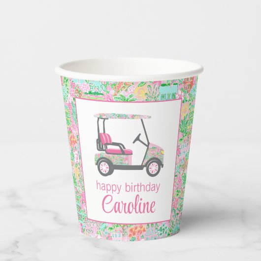 Pink & Green Palm Beach Golf Cart Personalisiert Pappbecher (Vorderseite)