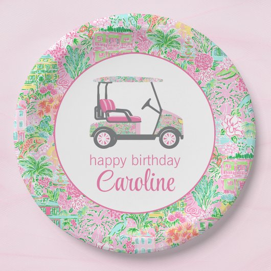 Pink & Green Palm Beach Golf Cart Personalisiert Pappteller