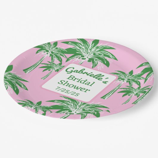 Pink Green Palm Tree Brautparty Individuelle Name Pappteller (Schrägansicht)