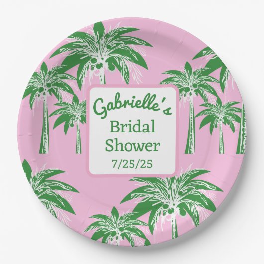 Pink Green Palm Tree Brautparty Individuelle Name Pappteller (Vorderseite)