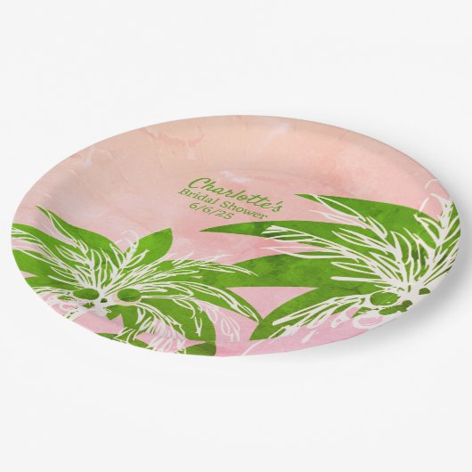 Pink Green Palm Tree Brautparty Name Pappteller (Schrägansicht)
