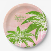 Pink Green Palm Tree Brautparty Name Pappteller (Vorderseite)