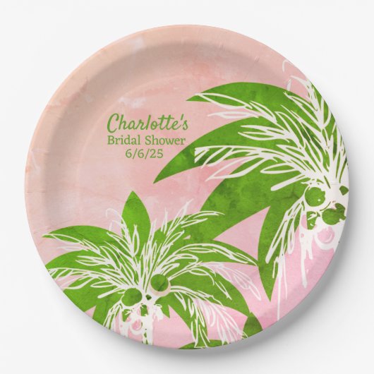 Pink Green Palm Tree Brautparty Name Pappteller (Vorderseite)