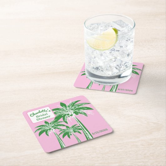 Pink Green Palm Tree Brautparty Skriptname Rechteckiger Pappuntersetzer (Vor Ort)