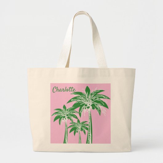 Pink Green Palm Tree Preppy Beach Summer Name Jumbo Stoffbeutel (Vorne)
