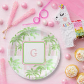 Pink Green Palm Tree Preppy Ombre Square Monogram Pappteller (Party)