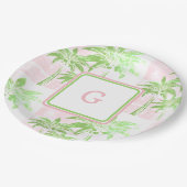 Pink Green Palm Tree Preppy Ombre Square Monogram Pappteller (Schrägansicht)