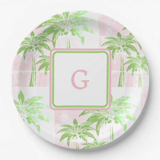 Pink Green Palm Tree Preppy Ombre Square Monogram Pappteller (Vorderseite)