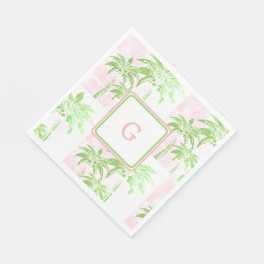 Pink Green Palm Tree Preppy Ombre Square Monogram Serviette (Ecke)