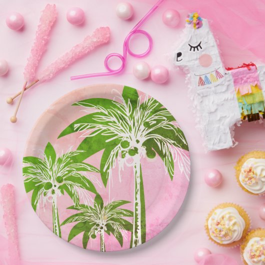 Pink Green Palm Tree Preppy Ombre Wasserfarbe Pappteller (Party)