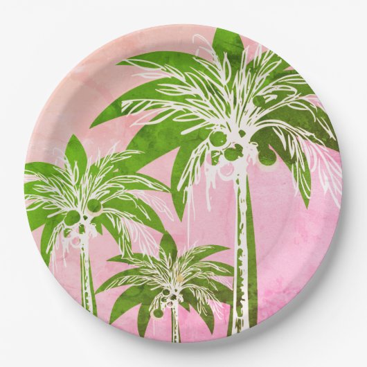 Pink Green Palm Tree Preppy Ombre Wasserfarbe Pappteller (Vorderseite)