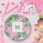 Pink Green Palm Tree Preppy Summer Beach Monogram Pappteller (Party)