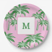 Pink Green Palm Tree Preppy Summer Beach Monogram Pappteller (Vorderseite)