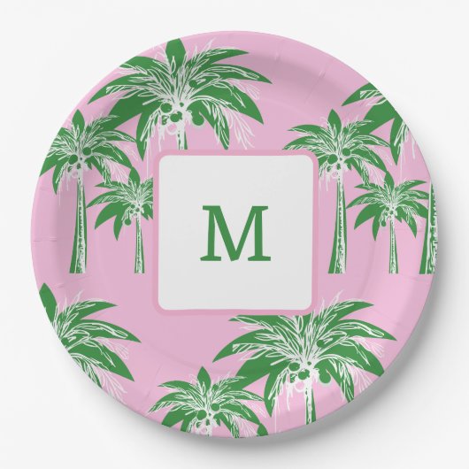 Pink Green Palm Tree Preppy Summer Beach Monogram Pappteller (Vorderseite)