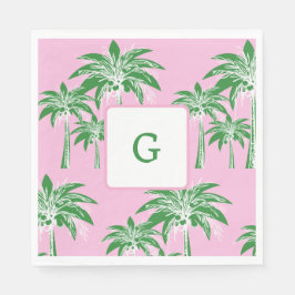 Pink Green Palm Tree Preppy Summer Beach Monogram Serviette