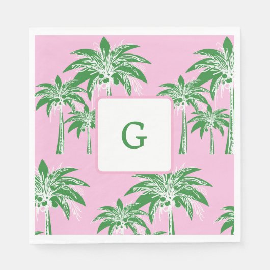Pink Green Palm Tree Preppy Summer Beach Monogram Serviette (Vorderseite)