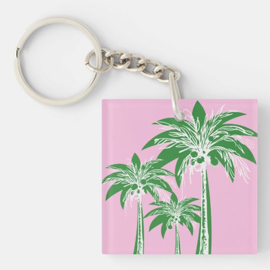 Pink Green Palm Tree Preppy Summer Beach Tropical Schlüsselanhänger (Vorderseite)