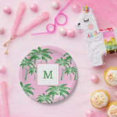 Pink Green Palm Tree Preppy Summer Monogram 7 inch Pappteller (Party)