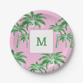 Pink Green Palm Tree Preppy Summer Monogram 7 inch Pappteller
