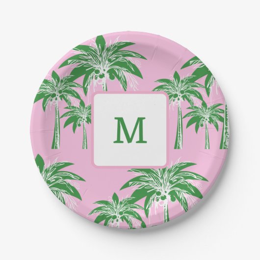 Pink Green Palm Tree Preppy Summer Monogram 7 inch Pappteller (Vorderseite)