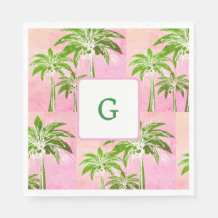 Pink Green Palm Tree Preppy Summer Ombre Monogram Serviette