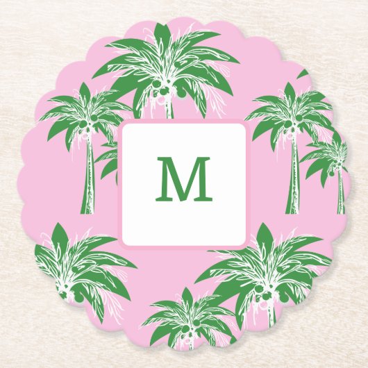 Pink Green Palm Tree Preppy Summer Shoogram Untersetzer (Vorderseite)