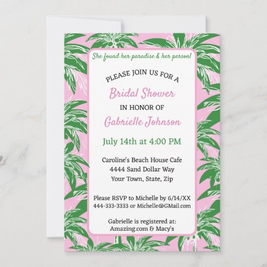 Pink Green Palm Tree Preppy Summer Shower Party Einladung (Vorderseite)
