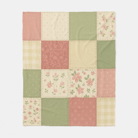 Pink Green Patchwork Quilt Rustikales Bauernhaus B Fleecedecke (Vorderseite)