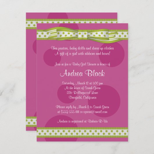 Pink Green Polka Dot Ribbon Baby Dusche Einladung (Vorne/Hinten)