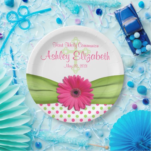 Pink Green Polka Dots Erste Kommune Personalisiert Pappteller (Party)