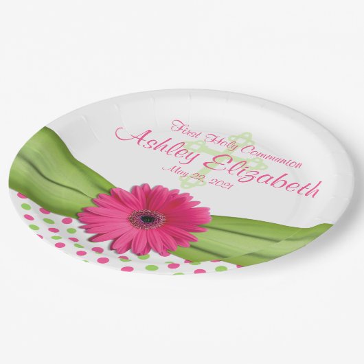 Pink Green Polka Dots Erste Kommune Personalisiert Pappteller (Schrägansicht)
