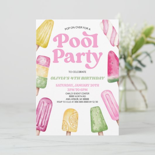 Pink Green Pool Party Popsiday Party Einladung (Stehend Vorderseite)