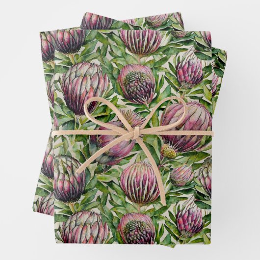 Pink & Green Protea Blume Muster Geschenkpapier Set (Beispiel)
