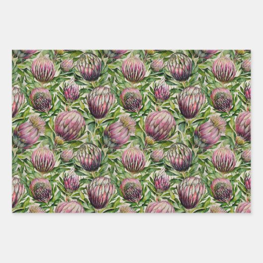 Pink & Green Protea Blume Muster Geschenkpapier Set (Vorderseite)