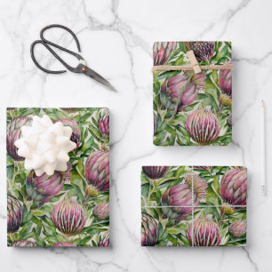 Pink & Green Protea Blume Muster Geschenkpapier Set
