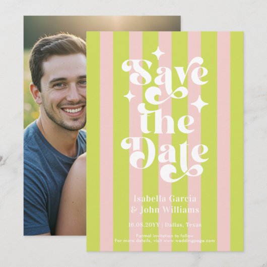 Pink Green Retro Typography Wedding Save The Date Ankündigung (Vorne/Hinten)