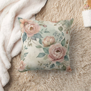 Pink Green Shabby Watercolor Florals Vintag Kissen