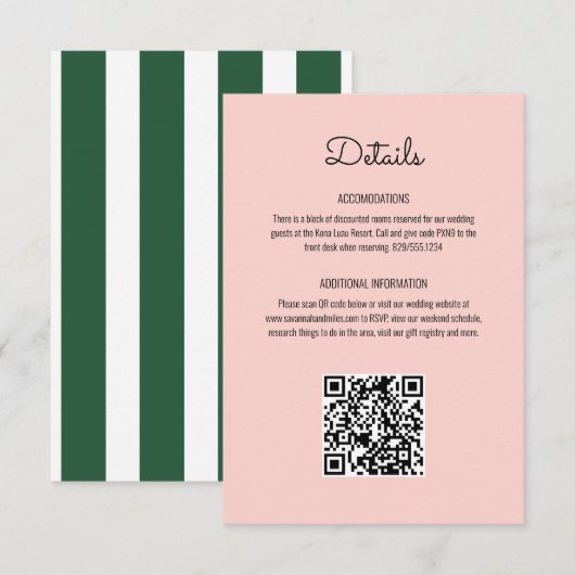 Pink & Green Stripes Beverly Hills Hotel Wedding Begleitkarte (Vorne/Hinten)