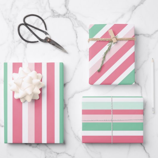 Pink Green Stripes Christmas  Geschenkpapier Set (Vorderseite)