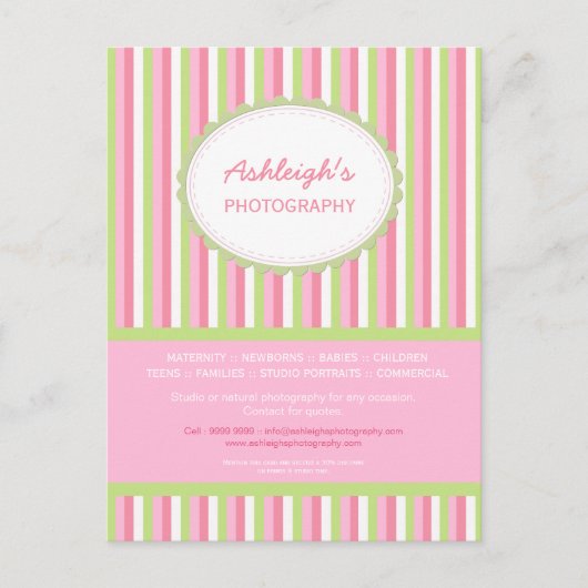 Pink Green Striping Fotograf Business Card Postkarte (Vorderseite)