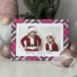 Pink Green Tartan Karierte Fotokarte zu Weihnachte Feiertagskarte