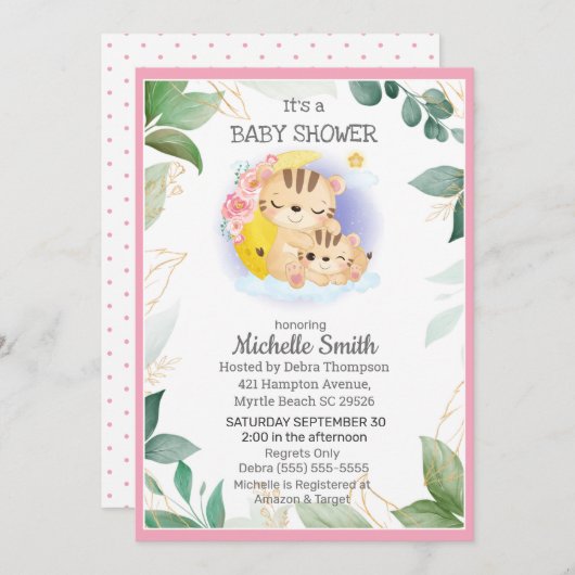 Pink Green Tiger Floral Mama Babydusche Einladung (Vorne/Hinten)
