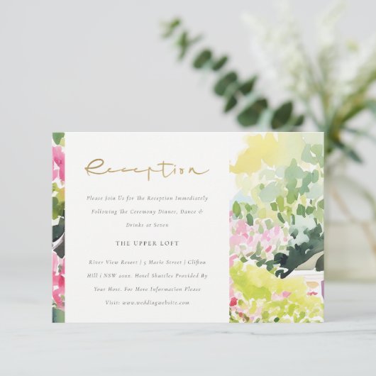 Pink Green Tropic Bougainvillea Hochzeitsempfang Begleitkarte (Stehend Vorderseite)