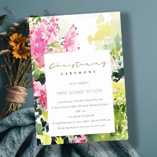 Pink Green Tropical Bougainvillea Christening Einladung