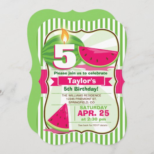 Pink & Green Watermelon, Kinderparty Einladung (Vorne/Hinten)