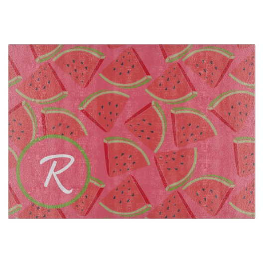 Pink &Green Watermelon Monogram Schneidebrett (Vorderseite)