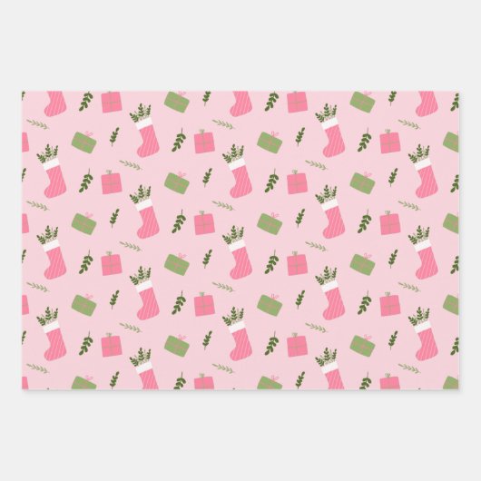 Pink Green Weihnachtsgeschenk Strumpf Pattern Mult Geschenkpapier Set (Vorderseite 3)