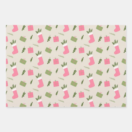 Pink Green Weihnachtsgeschenk Strumpf Pattern Mult Geschenkpapier Set (Vorderseite)