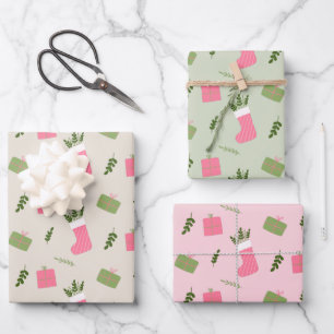 Pink Green Weihnachtsgeschenk Strumpf Pattern Mult Geschenkpapier Set